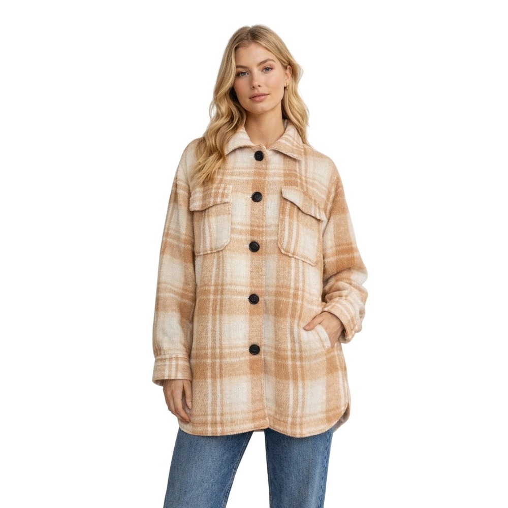 Sebby Plaid Flannel Jacket Sz M Beige Coat Farmcore Rustic Outdoor Thermal Cabin
